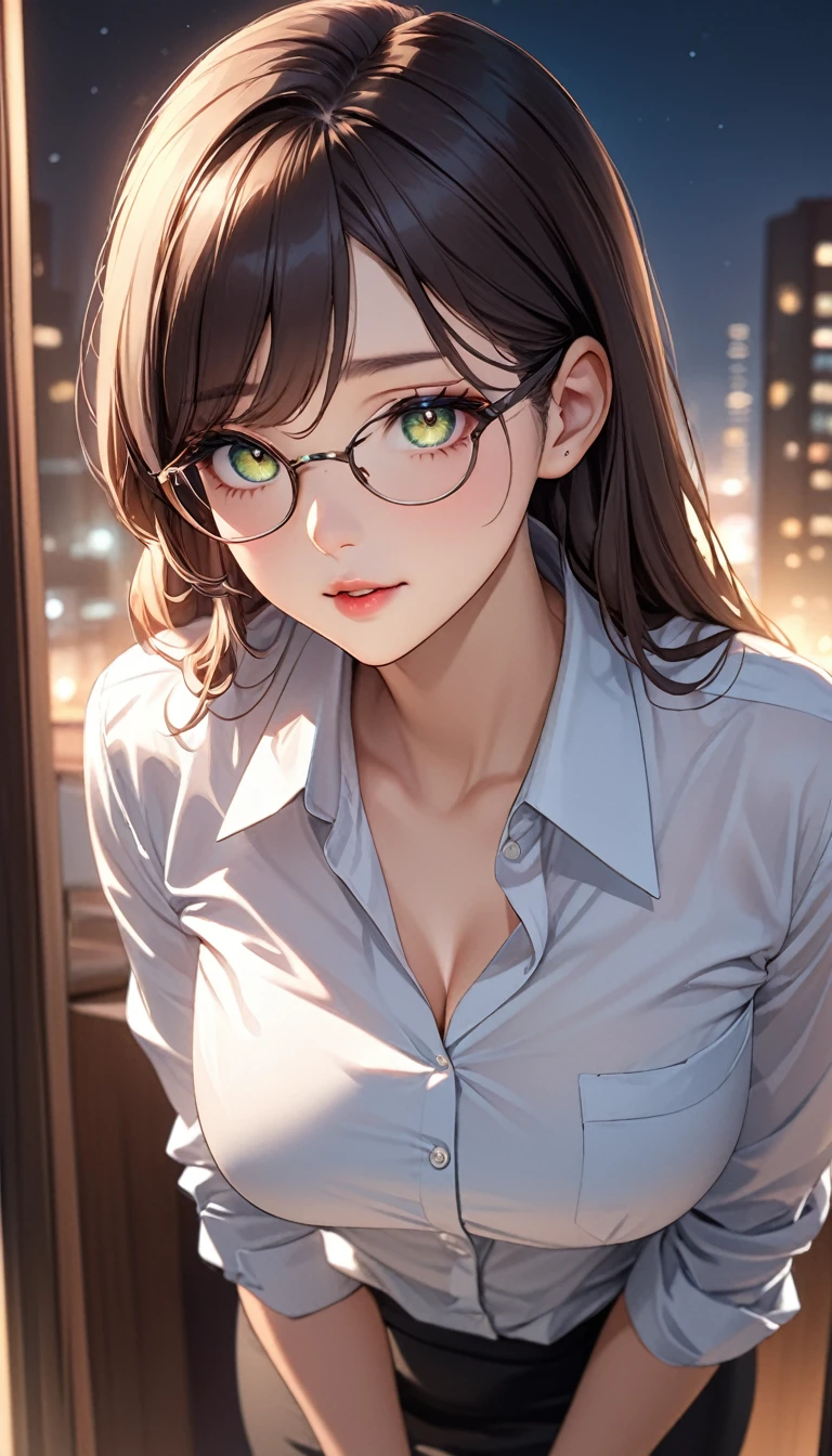 (((masterpiece))),(((high resolution)))、((beautiful woman))、(((Korean Secretary)))、(30 years old), (((business shirt)))、(cute)、night、standing and looking at me, (((high resolution face))), (((high resolution eyes)))
