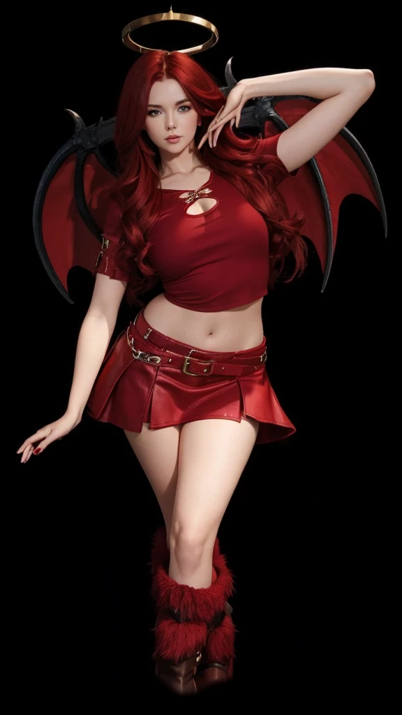 A beautiful girl in full body, with a red crop top, with a red skirt, with red dragon wings, with red furry boots and with long red hair.