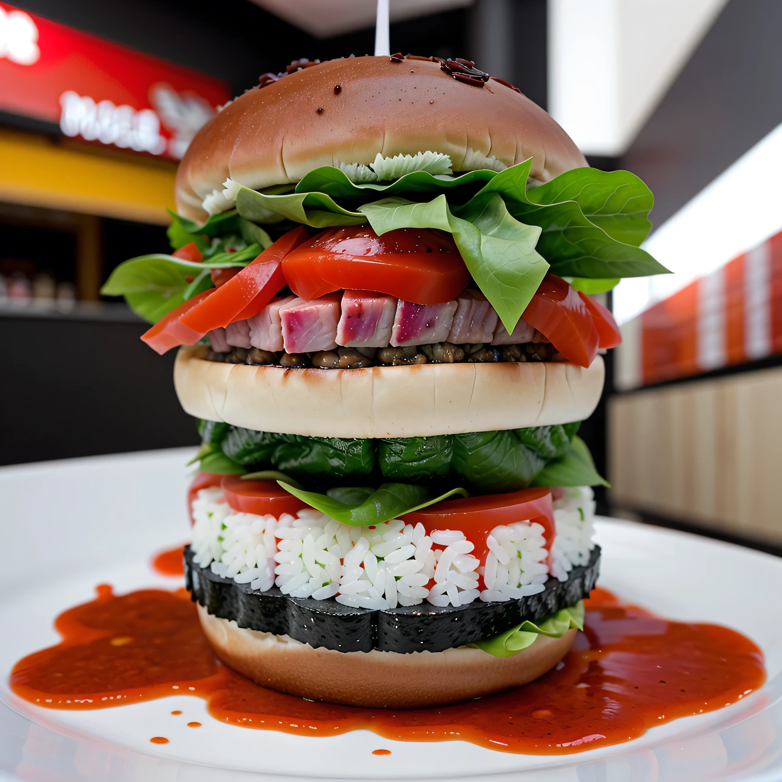 McDonald's sushi burger. It's a fast food sushi burger with sushi fish meat in it, in a McDonald's style. food photograph, fast food, junk food, sushi rice nigiri maki between burger bun, detailed, high-quality, professional photography, chopsticks