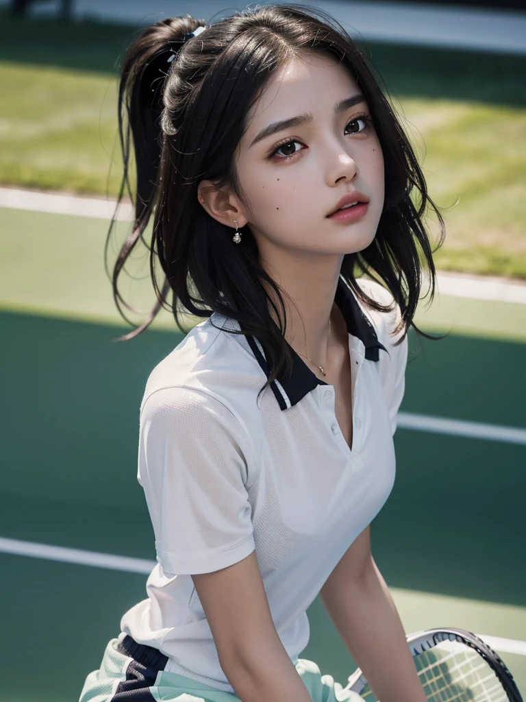 absurdres, RAW photo, extremely delicate and beautiful, masterpiece, Best Quality, ultra high resolution, 32k, hyperrealistic, ultra-detailed, in her 20s, delicate facial features, tearful mole, earring, medium breasts, full body shot, shorter middle hair, black hair, ((tennis uniform)), shirt, shorts,