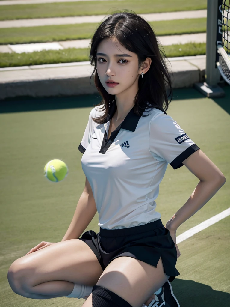 absurdres, RAW photo, extremely delicate and beautiful, masterpiece, Best Quality, ultra high resolution, 32k, hyperrealistic, ultra-detailed, in her 20s, delicate facial features, tearful mole, earring, medium breasts, full body shot, shorter middle hair, black hair, ((tennis uniform)), shirt, shorts,