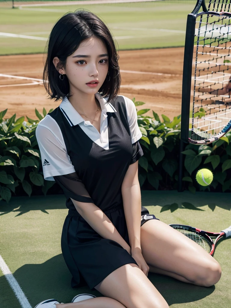 absurdres, RAW photo, extremely delicate and beautiful, masterpiece, Best Quality, ultra high resolution, 32k, hyperrealistic, ultra-detailed, in her 20s, delicate facial features, tearful mole, earring, medium , full body shot, shorter middle hair, black hair, ((tennis uniform)), shirt, shorts,