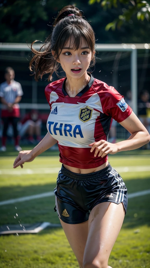 Highest quality, High resolution:1.2, Very detailed, Realistic:1.3, ((Beautiful woman))、((Super tight uniform))、((Big Breasts))、Vibrant colors, play soccer,((Blunt bangs))、Various Hair Styles、Different hair colors、With bangs、Wet Hair, concentrate, splash, Action Shots, Grass blotches, Muddy ground, Wet turf, decide, Fast-paced games, Athletic physique, Shiny soccer ball, Wet Uniform, raindrop, Blurred motion, ボールにconcentrateする, Intense competition, Skillful dribbling, Energetic play, Teamwork, powerful shoots, Wet pitch, Passionate sports, Fierce decide, Humid atmosphere, Fluid movement, emotional expression、Dramatic lighting, Women's Sports, Avid athletes, Exciting Games, Endure, Excited state, Speed and agility, Energetic play, 濡れたsplash、smile、Red Uniform、(The abdomen is visible)、