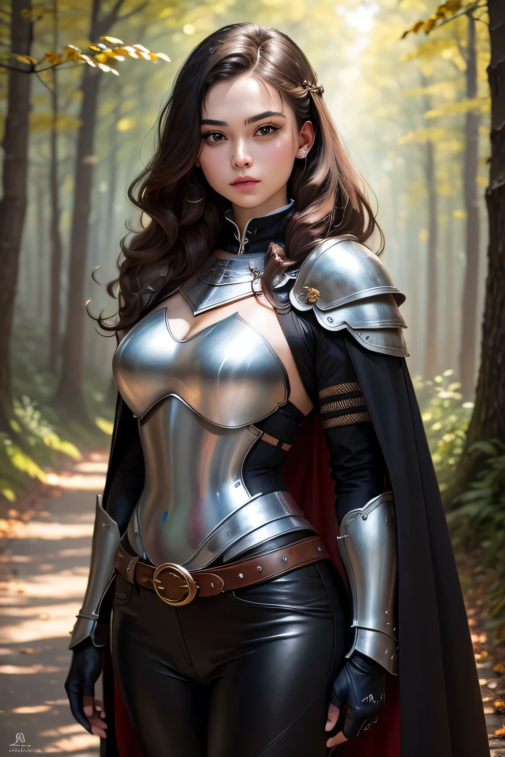 ((best quality)), ((masterpiece)), (detailed), Prize-winning works, with incredible details, maximum textures and details, uhd ,super resolution , 1 portrait of an adventurous brunette warrior fantasy girl ,beautiful face, standing on a path in a magical forest, developing long hair, wavy, wearing medieval black armor ,black gauntlets and gloves, black breastplate black leather,black pants, black belts ,black long cape ,fully body (15 year old young man :1.1,detailedeyes, face detailed, whole body:1.1,the background is a forest ),(best qualityer:1.2,ultra detali:1.1,realisitic:1.37) ,eyeshadows,sharp focus,swirly vibrant colors,), (twilight), 8K