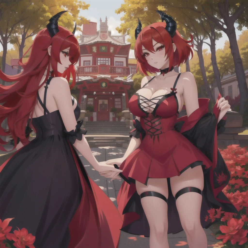 anime girl with red hair and horns in front of a tree, garota anime demon, beautiful together, together, together in tight short dress, Rias Gremory, Lilith, together | Mediovale, garota demon, anime monster girl, mika kurai demon, Dragon girl, demon, together in sundress portrait, seductive anime girl