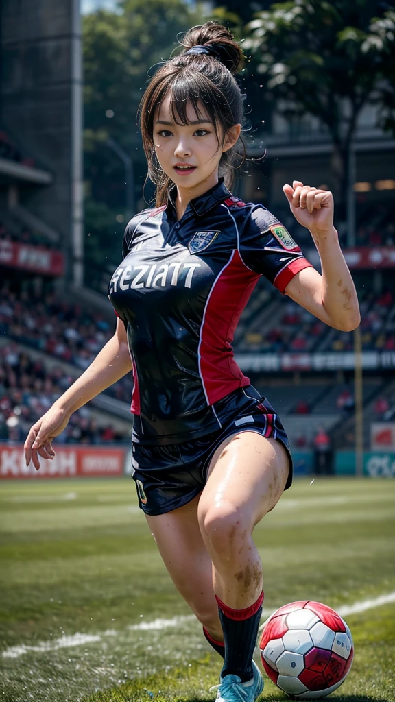 Highest quality, High resolution:1.2, Very detailed, Realistic:1.3, ((Beautiful woman))、((Super tight uniform))、(())、(The abdomen is visible)、(((Soccer uniforms)))、Vibrant colors, play soccer,(Blunt bangs)、((Various Hair Styles))、Different hair colors、With bangs、Wet Hair, concentrate, splash, Action Shots, Grass blotches, Muddy ground, Wet turf, decide, Fast-paced games, Athletic physique, Shiny soccer ball, Wet Uniform, raindrop, Blurred motion, ボールにconcentrateする, Intense competition, Skillful dribbling, Energetic play, Teamwork, powerful shoots, Wet pitch, Passionate sports, Fierce decimid atmosphere, Fluid movement, emotional expression、Dramatic lighting, Women's Sports, Avid athletes, Exciting Games, Endure, Excited state, Speed and agility, Energetic play, 濡れたsplash、smile、((Red Uniform))