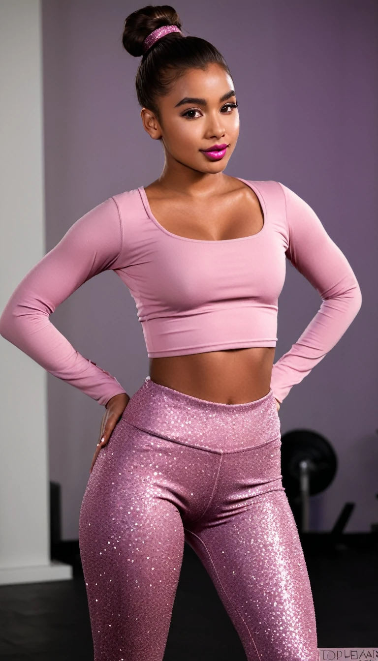 a full body photo of a 20 year old girl, NSFW, flashing, (tits: 1.2),
Pilates pants and tight long-sleeved top, lady, short, narrow hips, square face, dark skin, brown hair, dark brown eyes, straight nose, full lips, sharp chin, shoulder-length hair, thick hair, bun, breasts full, pink glitter lipstick,
Masterpiece, high resolution, 8k, award-winning, RAW photography, high quality, 35mm photography, film grain, bokeh, professional, 4k, highly detailed,