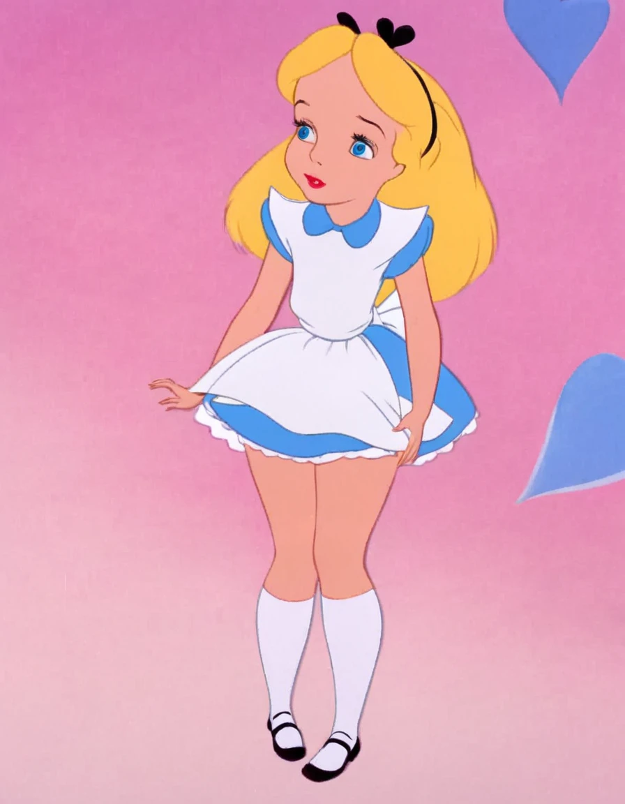 wxaliwonlan, 1girl, solo, long hair, blue eyes, blonde hair, alice (alice in wonderland), disney cartoon, masterpiece, best quality, full view, white panties with blue hearts, heart print panties, white bra, looking down, legs together, standing, front view, bare chest, bellybutton, bare shoulders, bare arms, view from below, no dress