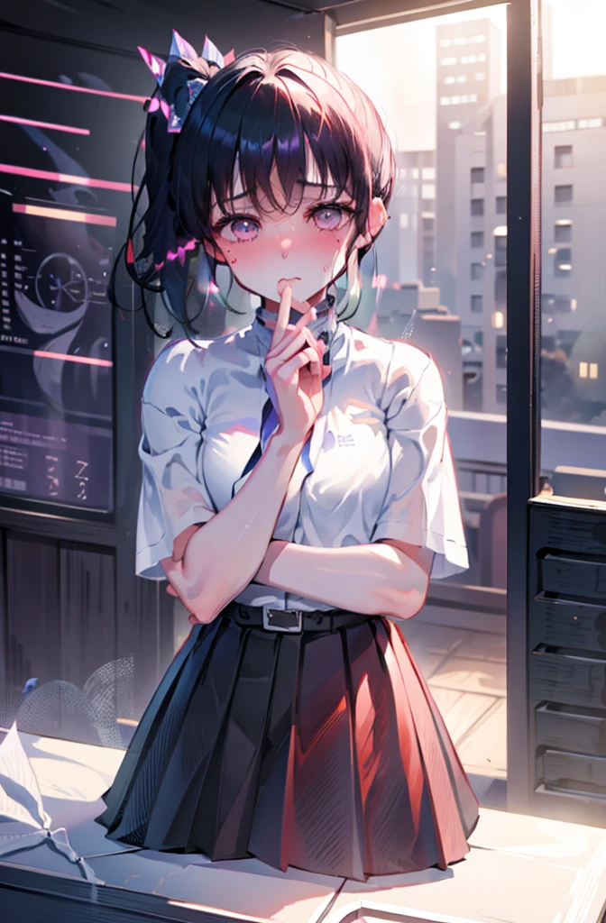 Random pose、Leaning forward、On all fours、Blushing、Sweaty、cowgirl position、、cowgirl position、Upper body naked、Wearing a skirt、Hide your with your hands、Blushing、Embarrassed expression、、Not wearing a bra、Black Hair、Side Ponytail、Pale purple eyes、、Blushing、lipstick、Perfect hands、Detailed hands、Train seats、hand bra