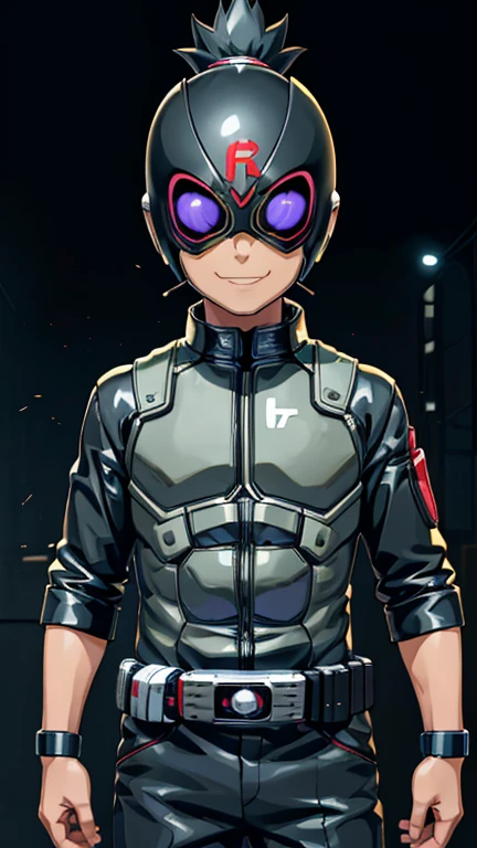 (8k),(masterpiece),(Japanese),(8-year-old boy),((innocent look)),((Childish)),From the front,smile,cute,Innocent,Kind eyes,Flat chest, Nara Shikamaru,Kamen Rider,black helmet,black superhero mask,camisa,no Hair,night,dark, Neon light cyberpunk Konoha village