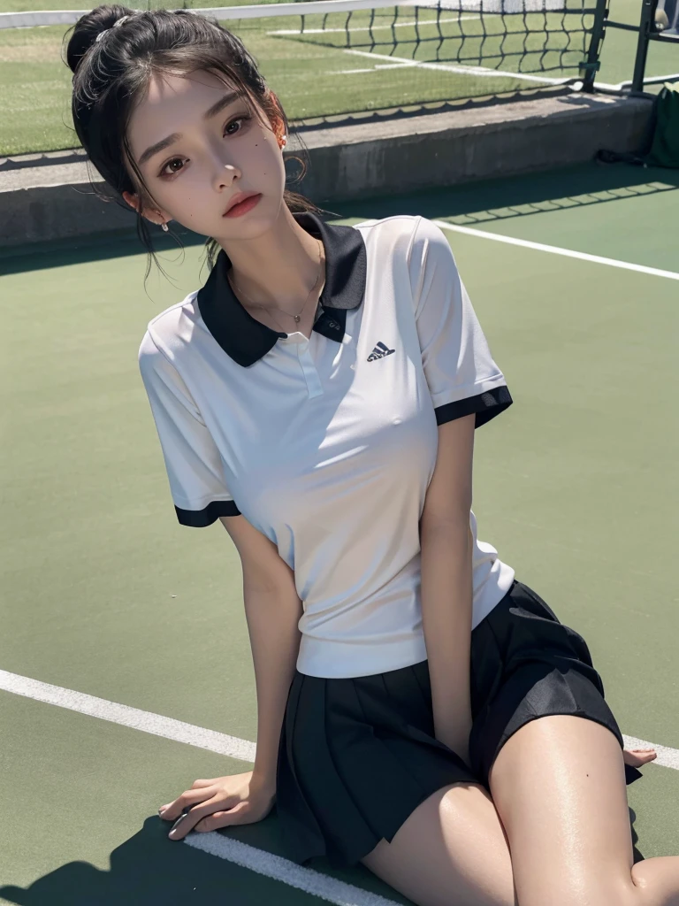 absurdres, RAW photo, extremely delicate and beautiful, masterpiece, Best Quality, ultra high resolution, 32k, hyperrealistic, ultra-detailed, in her 20s, delicate facial features, tearful mole, earring, big breasts, full body shot, shorter middle hair, black hair, ((tennis uniform)), shirt, shorts,