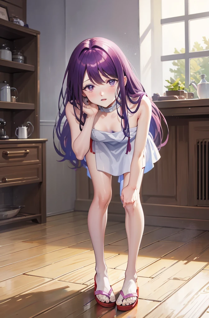 ランダムなポーズ、Full body, 8K, highest quality, masterpiece, ultra-definition, light purple hair, semi-long hair, light purple eyes, covering butt with hand, lipstick, full body, cooking, naked, wearing red apron, sitting in slippers , blushing, home kitchen, wearing an apron, crawling on all fours, leaning forward, angle from below, perfect hands, thin hands, night