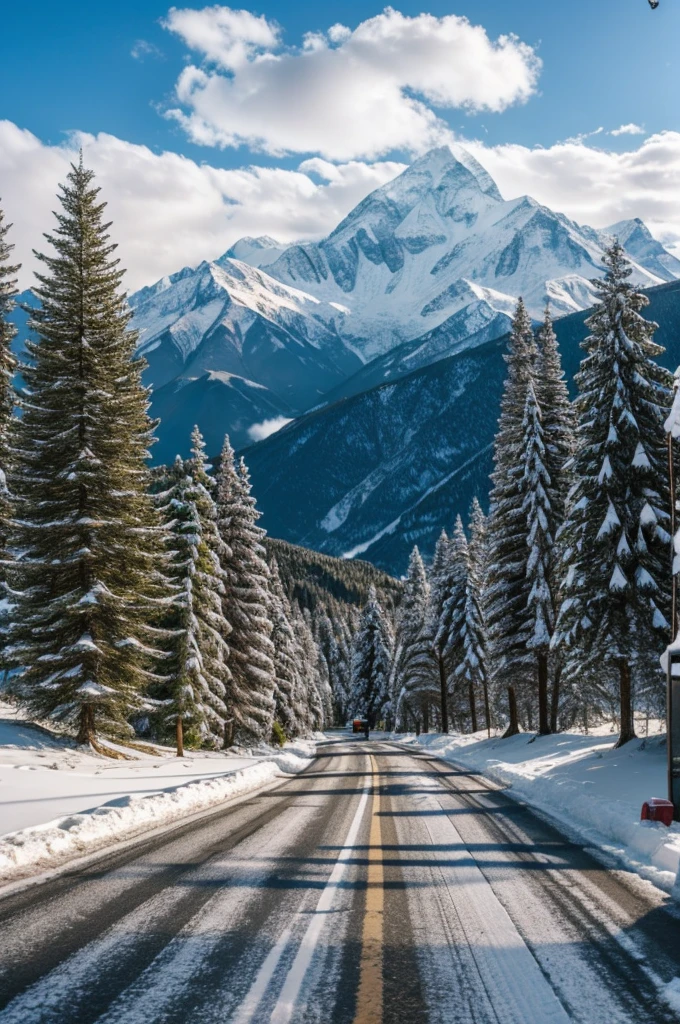 A large mountain of 3000 meters without cold snow with beautiful pine trees and a temperate climate and around a road and a small town on the side