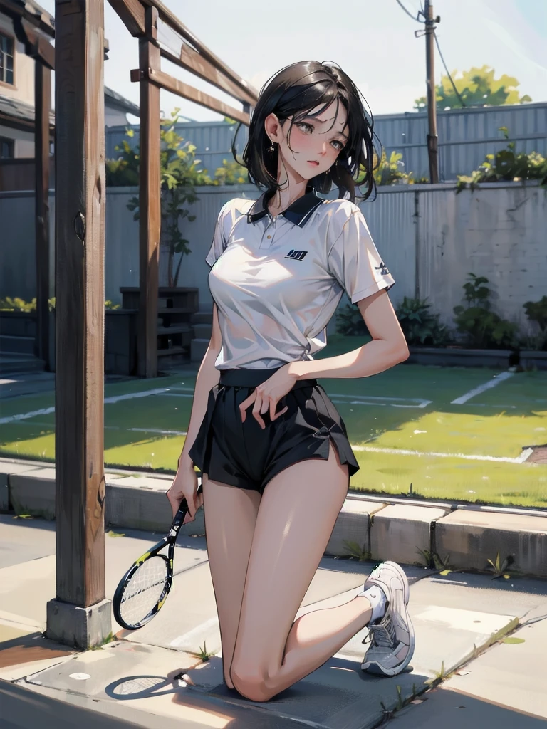 absurdres, RAW photo, extremely delicate and beautiful, masterpiece, Best Quality, ultra high resolution, 32k, hyperrealistic, ultra-detailed, in her 20s, delicate facial features, tearful mole, earring, medium breasts, full body shot, shorter middle hair, black hair, tennis uniform, shirt, shorts,