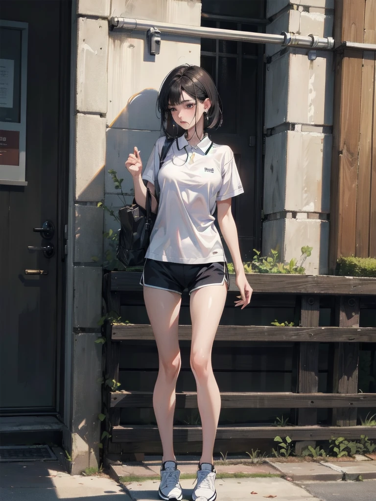 absurdres, RAW photo, extremely delicate and beautiful, masterpiece, Best Quality, ultra high resolution, 32k, hyperrealistic, ultra-detailed, in her 20s, delicate facial features, tearful mole, earring, medium breasts, full body shot, shorter middle hair, black hair, tennis uniform, shirt, shorts,