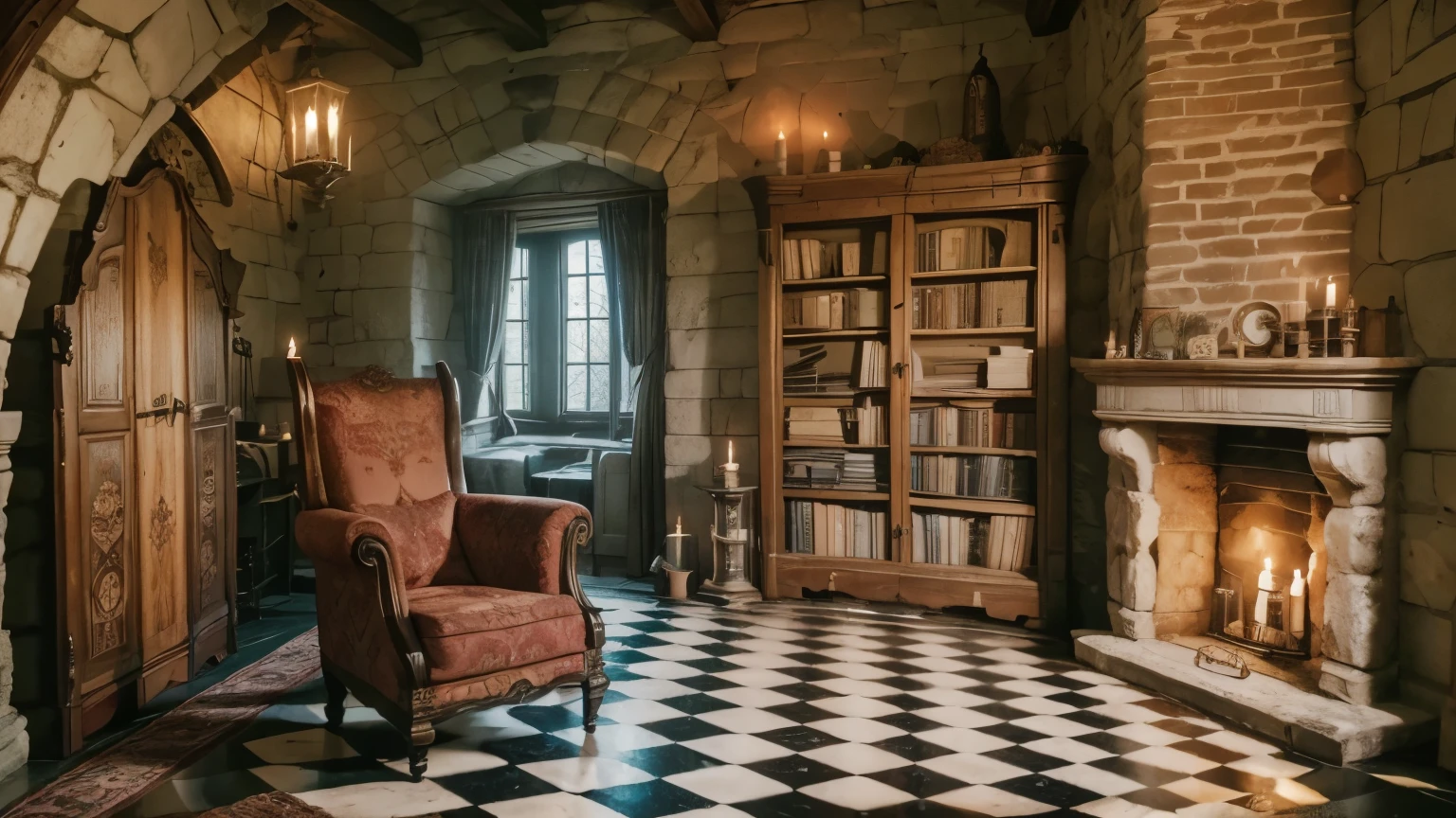 a cozy old castle room, a window, a firepace, a candle, a door, a boofshelf. Do everuthing magical like a disney castle, achented, full, of dreams, magic room