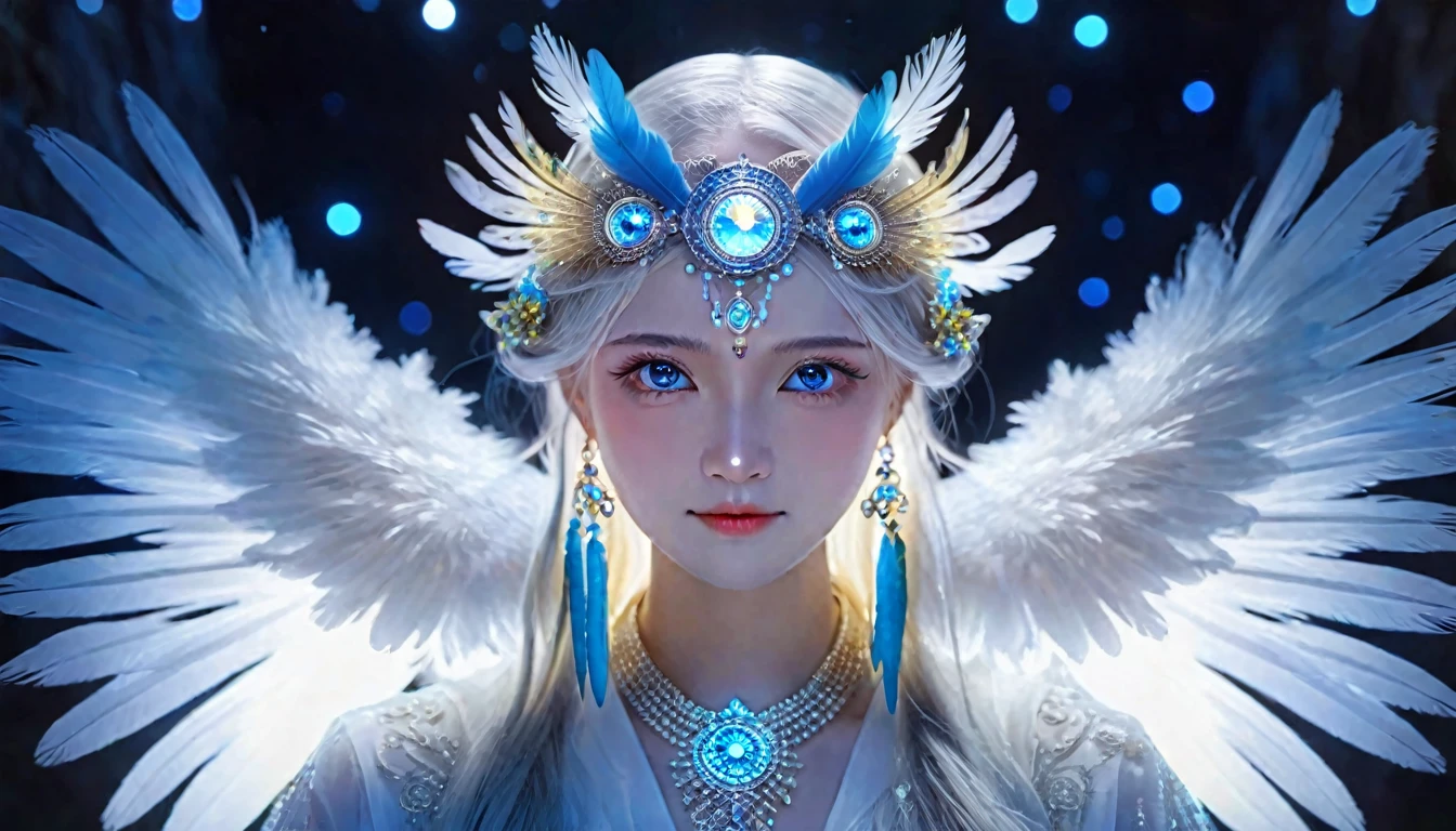 (Figure of an owl with blue eyes, Unreal Engine Rendering:1.1), (Very detailed:1.1), (Unrealistic yet charming eyes:1.1), (Exquisite and gorgeous jewelry:1.1), (Popular trends on cgisociety:1.1), (Motion Graphics:1.1), (Bee Global Illumination:1.1), (rossdraws Global Illumination:1.1), (goddess), (Beautiful and delicate eyes), (Complex patterns and textures), (Realistic feathers), (Ethereal Lights), (majestic gesture), (Bright colors), (striking的构图), (Luminous elements), (Mysterious atmosphere), (Impressive level of detail), (Photo-realistic:1.37), (Human Development Report), (Ultra HD), (Studio Lighting), (Extremely detailed description), (professional), (Bokeh), (Fascinating concept art), (Magical atmosphere), (Amazing craftsmanship), (Stunning visuals), (Surreal), (Like a dream), (Awesome), (A balanced color palette), (masterpiece:1.2), (high resolution), (Clear focus), (Physically Based Rendering), (striking), (interesting), (Fascinating), (Beautifully), (The Wow Factor), (memorable)