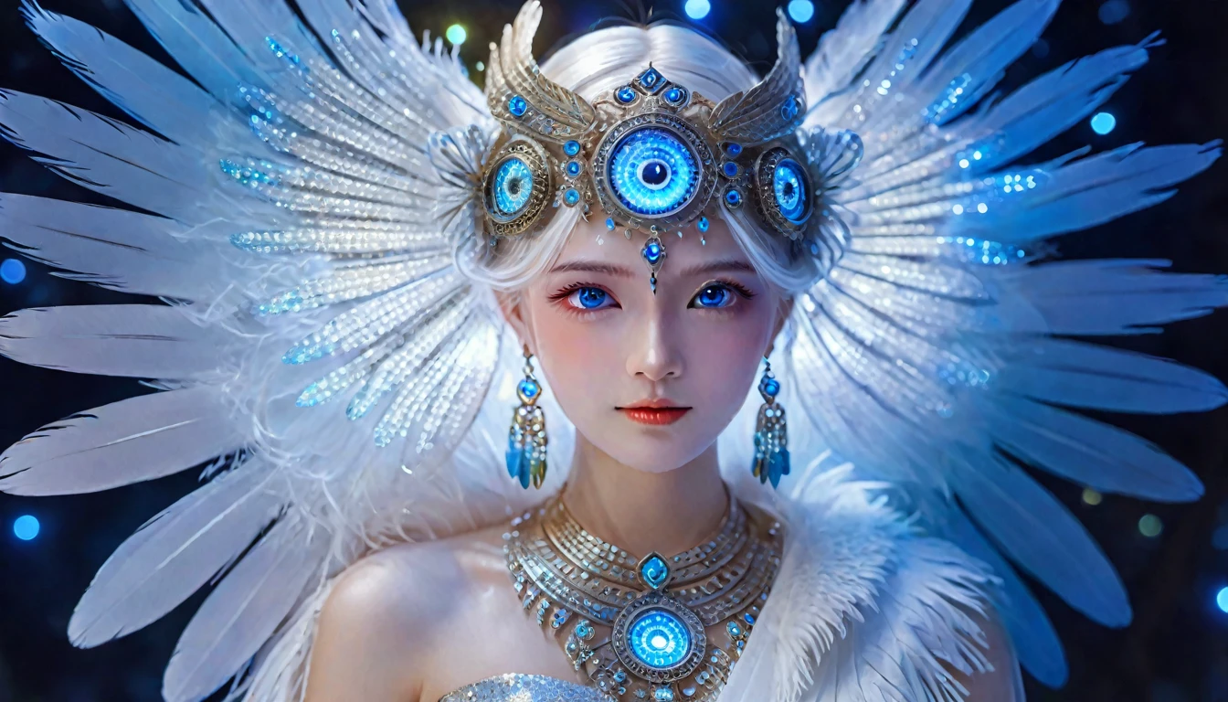 (Figure of an owl with blue eyes, Unreal Engine Rendering:1.1), (Very detailed:1.1), (Unrealistic yet charming eyes:1.1), (Exquisite and gorgeous jewelry:1.1), (Popular trends on cgisociety:1.1), (Motion Graphics:1.1), (Bee Global Illumination:1.1), (rossdraws Global Illumination:1.1), (goddess), (Beautiful and delicate eyes), (Complex patterns and textures), (Realistic feathers), (Ethereal Lights), (majestic gesture), (Bright colors), (striking的构图), (Luminous elements), (Mysterious atmosphere), (Impressive level of detail), (Photo-realistic:1.37), (Human Development Report), (Ultra HD), (Studio Lighting), (Extremely detailed description), (professional), (Bokeh), (Fascinating concept art), (Magical atmosphere), (Amazing craftsmanship), (Stunning visuals), (Surreal), (Like a dream), (Awesome), (A balanced color palette), (masterpiece:1.2), (high resolution), (Clear focus), (Physically Based Rendering), (striking), (interesting), (Fascinating), (Beautifully), (The Wow Factor), (memorable)
