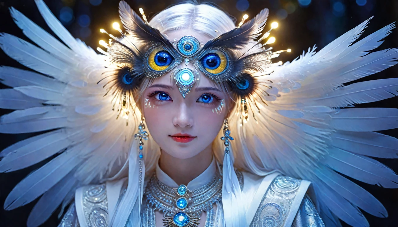 (Figure of an owl with blue eyes, Unreal Engine Rendering:1.1), (Very detailed:1.1), (Unrealistic yet charming eyes:1.1), (Exquisite and gorgeous jewelry:1.1), (Popular trends on cgisociety:1.1), (Motion Graphics:1.1), (Bee Global Illumination:1.1), (rossdraws Global Illumination:1.1), (goddess), (Beautiful and delicate eyes), (Complex patterns and textures), (Realistic feathers), (Ethereal Lights), (majestic gesture), (Bright colors), (striking的构图), (Luminous elements), (Mysterious atmosphere), (Impressive level of detail), (Photo-realistic:1.37), (Human Development Report), (Ultra HD), (Studio Lighting), (Extremely detailed description), (professional), (Bokeh), (Fascinating concept art), (Magical atmosphere), (Amazing craftsmanship), (Stunning visuals), (Surreal), (Like a dream), (Awesome), (A balanced color palette), (masterpiece:1.2), (high resolution), (Clear focus), (Physically Based Rendering), (striking), (interesting), (Fascinating), (Beautifully), (The Wow Factor), (memorable)