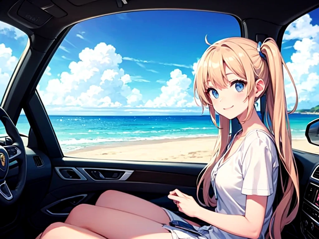 Light blue long hair、Beautiful girl with twin tails、Driving a Porsche along the beach、blue sky、White cloud、Bright smile、Seaside scenery