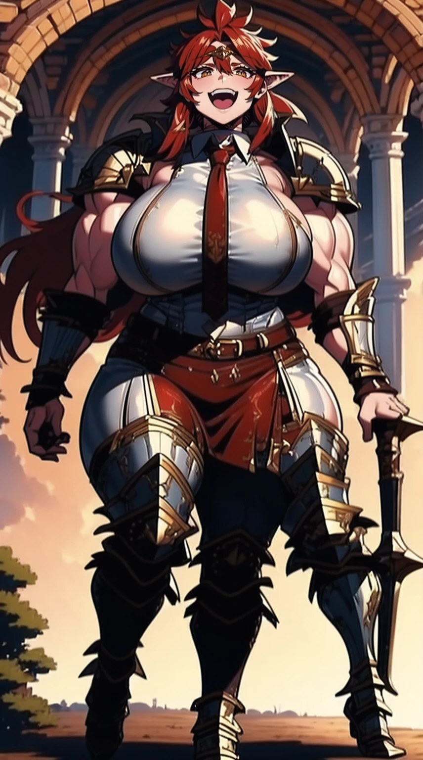 masterpiece, best quality, tomboy, warrior, berserker, tall female, muscular female, Elf, living hair, sauvage,, medieval clothing, fantasy, fantasy weapon, huge breasts, barbarian pants, combat boots, red hair, crazy smile, open mouth, biceps, necktie, thick arms,long hair,pants, pullover,medieval armor