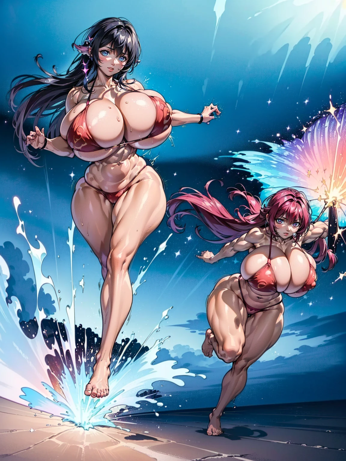 (Private 4K)、(High resolution:1.2)、(High freshness:1.2)、、(Whole Body Ezbian:1.2)、(Two Women:1.6)、((Woman with exaggerated big physique))、(Super big breasts fully opened:1.8)、abnormally developed muscles,,Barefoot woman, , Big arms、(Huge muscles:1.4)、(Dynamic pose:1.2)、(Woman running with all her might:1.8)、(High leg bikini:1.6)