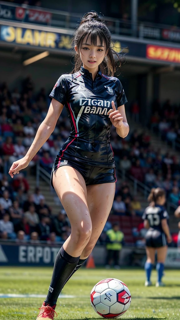 Highest quality, High resolution:1.2, Very detailed, Realistic:1.3, ((Beautiful woman))、((Super tight uniform))、((Super big breasts))、(The abdomen is visible)、Vibrant colors, play soccer,((Blunt bangs))、Various Hair Styles、Different hair colors、With bangs、Wet Hair, concentrate, splash, Action Shots, Grass blotches, Muddy ground, Wet turf, decide, Fast-paced games, Athletic physique, Shiny soccer ball, Wet Uniform, raindrop, Blurred motion, ボールにconcentrateする, Intense competition, Skillful dribbling, Energetic play, Teamwork, powerful shoots, Wet pitch, Passionate sports, Fierce decide, Humid atmosphere, Fluid movement, emotional expression、Dramatic lighting, Women's Sports, Avid athletes, Exciting Games, Endure, Excited state, Speed and agility, Energetic play, 濡れたsplash、smile、Red Uniform