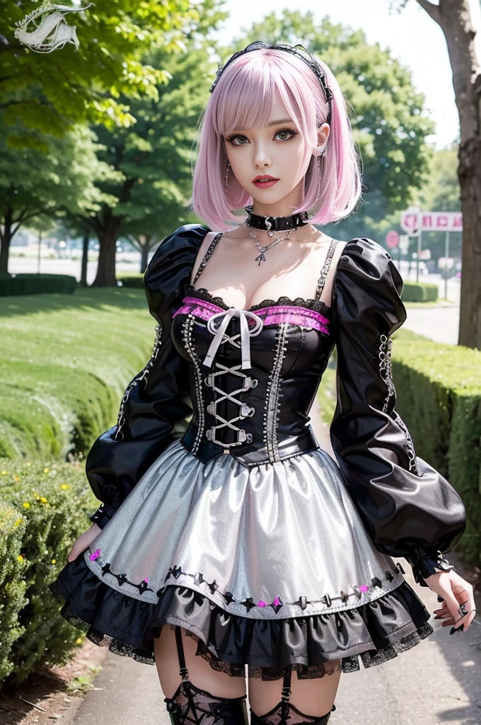 sexy stylish Swedish model, only 1 female, ((doll-like appearance)), short neon pink stylish hair, ((shiny Punk-Style boots)), (beautiful smile), ultra detailed eyes, detailed makeup, lipgloss, ((sexy Punk Lolita cosplay)), unconventional skirt, petticoats, high neckline, ((ultra detailed lace)), ((ultra detailed embroidery)), intricate details, tartan patterns, (silver chains), (silver spikes), (safety pins), Punk Lolita accessoires, Punk Lolita choker, ((large sparkling Punk Lolita jewelry)), cinematic light, detailed large park background with trees