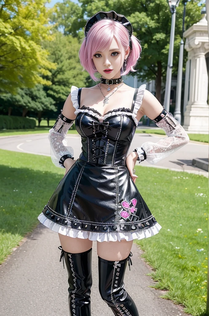 sexy stylish Swedish model, only 1 female, ((doll-like appearance)), short neon pink stylish hair, ((shiny Punk-Style boots)), (beautiful smile), ultra detailed eyes, detailed makeup, lipgloss, ((sexy Punk Lolita cosplay)), unconventional skirt, petticoats, high neckline, ((ultra detailed lace)), ((ultra detailed embroidery)), intricate details, tartan patterns, (silver chains), (silver spikes), (safety pins), Punk Lolita accessoires, Punk Lolita choker, ((large sparkling Punk Lolita jewelry)), cinematic light, detailed large park background with trees