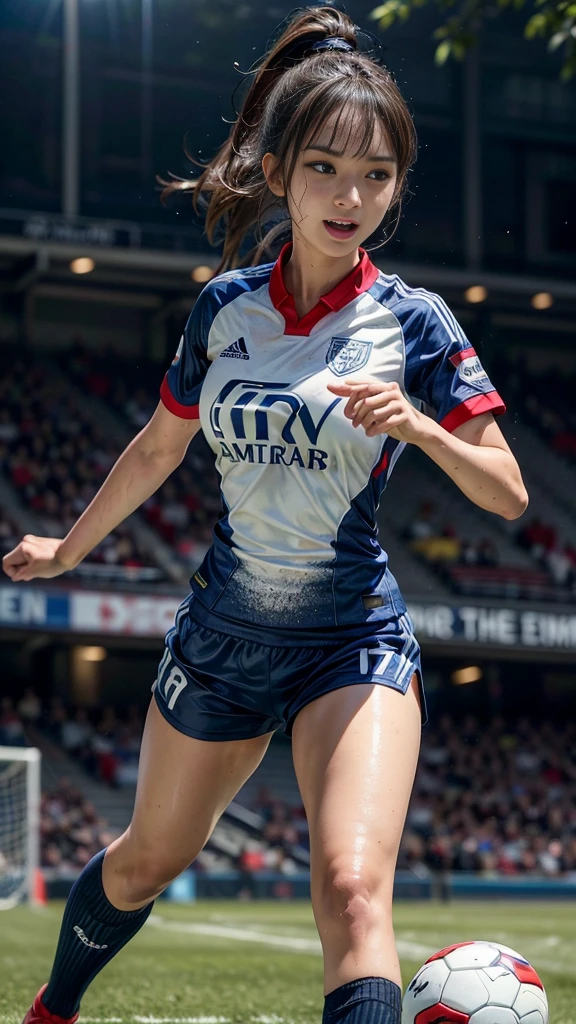 Highest quality, High resolution:1.2, Very detailed, Realistic:1.3, ((Beautiful woman))、((Super tight uniform))、((Big Breasts))、(The abdomen is visible)、(((Soccer uniforms)))、Vibrant colors, play soccer,(Blunt bangs)、((Various Hair Styles))、Different hair colors、With bangs、Wet Hair, concentrate, splash, Action Shots, Grass blotches, Muddy ground, Wet turf, decide, Fast-paced games, Athletic physique, Shiny soccer ball, Wet Uniform, raindrop, Blurred motion, ボールにconcentrateする, Intense competition, Skillful dribbling, Energetic play, Teamwork, powerful shoots, Wet pitch, Passionate sports, Fierce decide, Humid atmosphere, Fluid movement, emotional expression、Dramatic lighting, Women's Sports, Avid athletes, Exciting Games, Endure, Excited state, Speed and agility, Energetic play, 濡れたsplash、smile、((Red Uniform))