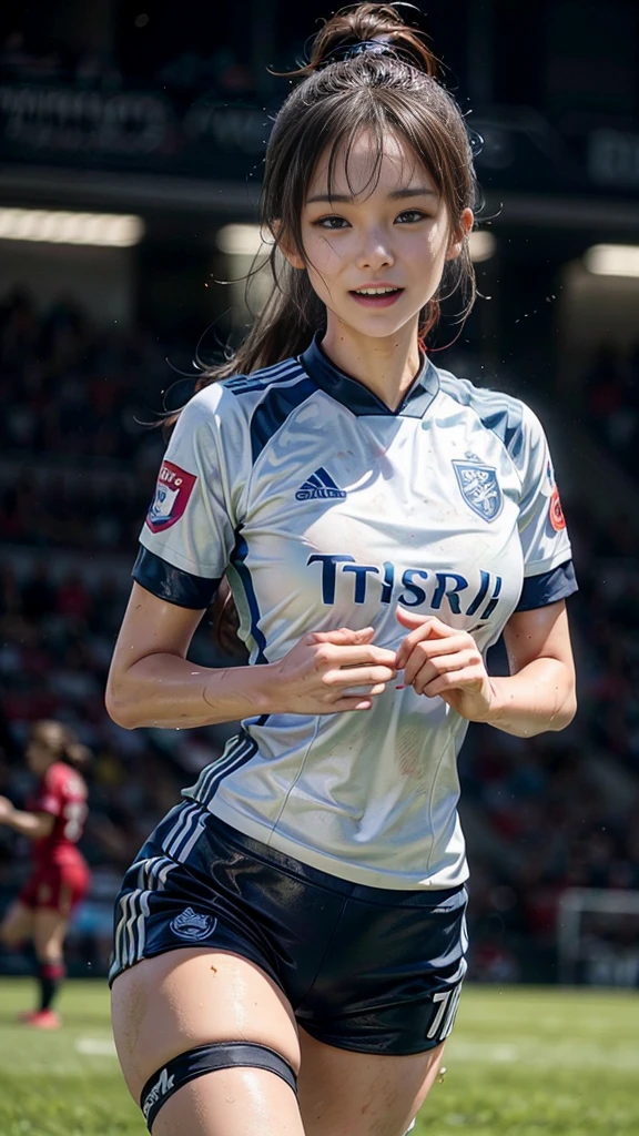 Highest quality, High resolution:1.2, Very detailed, Realistic:1.3, ((Beautiful woman))、((Super tight uniform))、((Big Breasts))、(The abdomen is visible)、(((Soccer uniforms)))、Vibrant colors, play soccer,(Blunt bangs)、((Various Hair Styles))、Different hair colors、With bangs、Wet Hair, concentrate, splash, Action Shots, Grass blotches, Muddy ground, Wet turf, decide, Fast-paced games, Athletic physique, Shiny soccer ball, Wet Uniform, raindrop, Blurred motion, ボールにconcentrateする, Intense competition, Skillful dribbling, Energetic play, Teamwork, powerful shoots, Wet pitch, Passionate sports, Fierce decide, Humid atmosphere, Fluid movement, emotional expression、Dramatic lighting, Women's Sports, Avid athletes, Exciting Games, Endure, Excited state, Speed and agility, Energetic play, 濡れたsplash、smile、((Red Uniform))