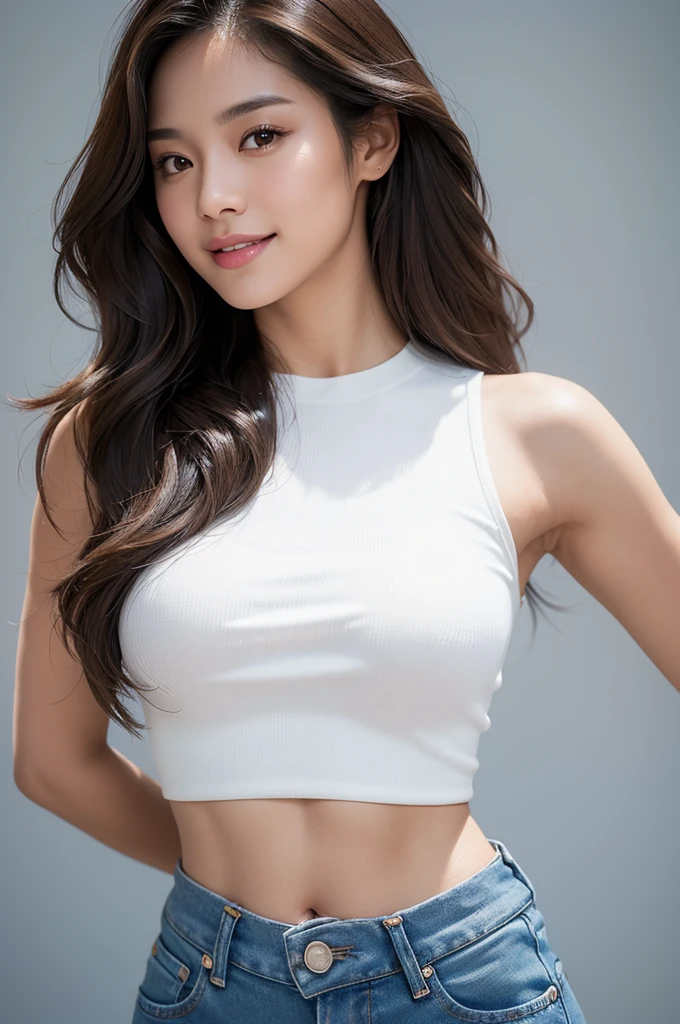 An attractive lady with long, wavy brown hair, young, semi-up, with a seductive smile, tanned skin, curvy, sexually seductive, with only her face visible, white sleeveless crop top, jeans, hyper-realistic photograph, face only CRU photo , ultra HD 8k, high quality, film grain (highly detailed skin: 1.2), shallow depth of field