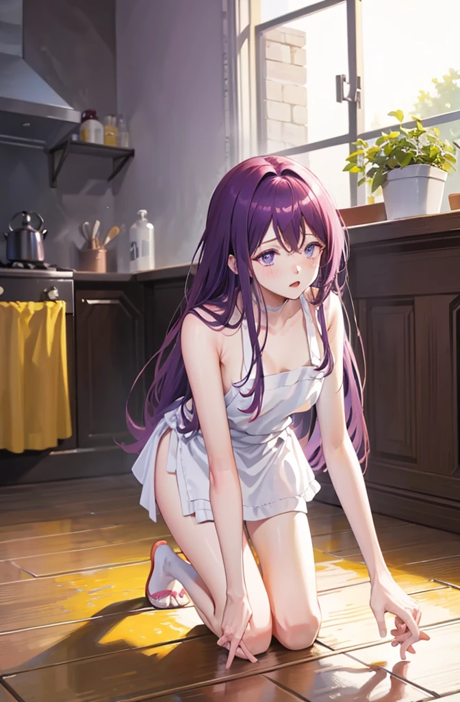 ランダムなポーズ、Full body, 8K, highest quality, masterpiece, ultra-definition, light purple hair, semi-long hair, light purple eyes, covering butt with hand, lipstick, full body, cooking, naked, wearing red apron, sitting in slippers , blushing, home kitchen, wearing an apron, crawling on all fours, leaning forward, angle from below, perfect hands, thin hands, night