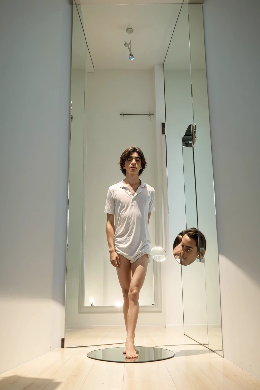 French boy levitating in the universe, mirror that reflects