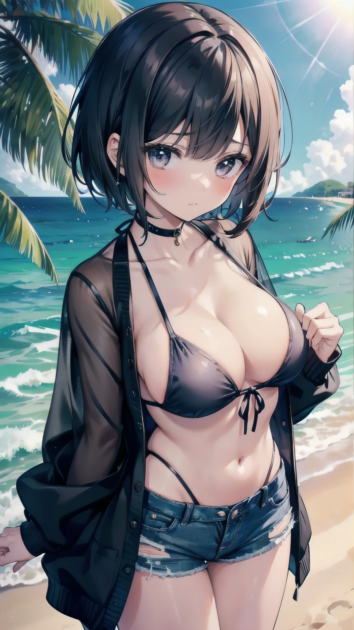 Shy woman blushing、She wears a black bikini with a black ribbon over her breast.、She is wearing a see-through cardigan、She is wearing navy blue denim hot pants、This is a beach on a southern island.、She has brown, short lob hair.