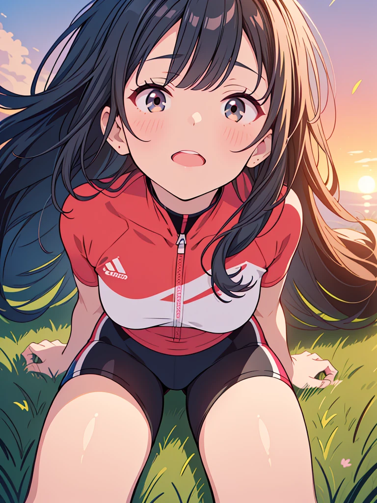 ( highres, ultra detailed, realistic, )(Anatomically correct), 1 girl,long black hair, wind blow,pink cycling wear, lying on the grass, black eyes looking at viewer, sunset sky background, ultra - detailed, best quality, Detailed diagram, vectorized, 8K, Graphic design, vector lines, Full-HD,Looking up, cowboy shot