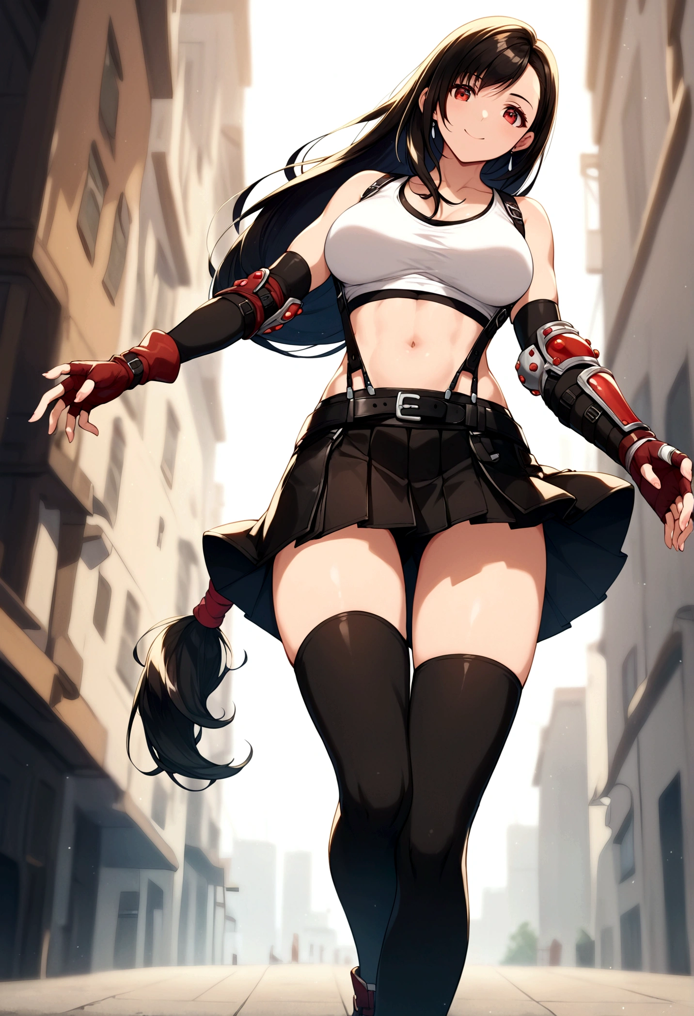 score_9, score_8_up, score_7_up, score_6_up, score_5_up,,rating_safe. BREAK , (from front.from front,below view ,feet focus,standing,straight-on,,(upperbody),looking_at_viewer ,1girl, tifa lockhart, final fantasy, tareme,black hair, low-tied long hair, red eyes, bangs, (white tank top, belt, pleated skirt, thighhighs, elbow fingerless gloves, elbow pads, midriff, navel,suspender skirt) ,large_breasts,(light smile),,,Solo,,(daytime and beachside and city),(best quality),(aesthetic,very aesthetic),,highly detailed,,depth of field,,professional lighting,cinematic lighting, dancing breast,running,