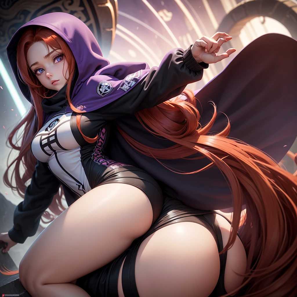 Long reddish hair to the knee(smooth ass), violet eyes with white spiral pupils, Light Brown, 2.15, bearded, busty, maromba, and with clothes made in mana, all-black clothing with a hood*