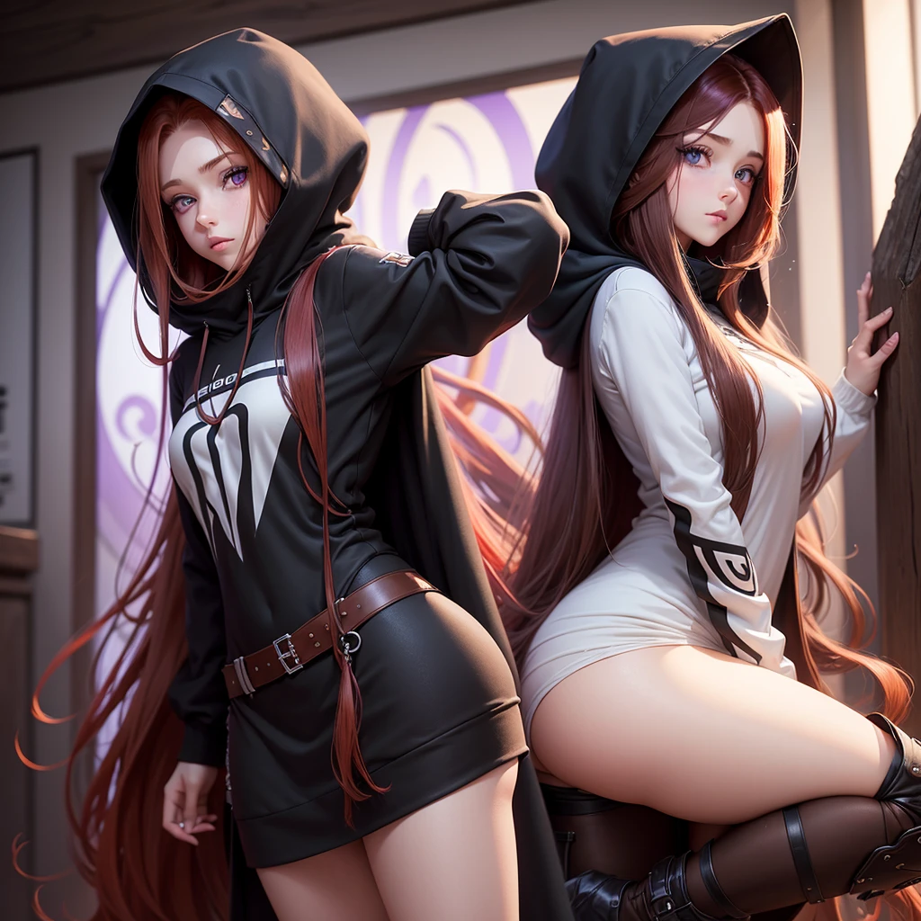 Long reddish hair to the knee(smooth ass), violet eyes with white spiral pupils, Light Brown, 2.15, bearded, busty, maromba, and with clothes made in mana, all-black clothing with a hood*