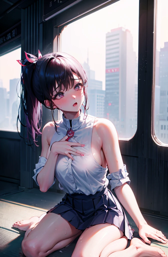 Random pose、Ahegao、NFSW、On all fours、、On all fours、Blushing、Sweaty、cowgirl position、、cowgirl position、Upper body naked、Wearing a skirt、Hide your with your hands、Blushing、Embarrassed expression、、Not wearing a bra、Black Hair、Side Ponytail、Pale purple eyes、、Blushing、lipstick、Perfect hands、Detailed hands、Train seats、hand bra