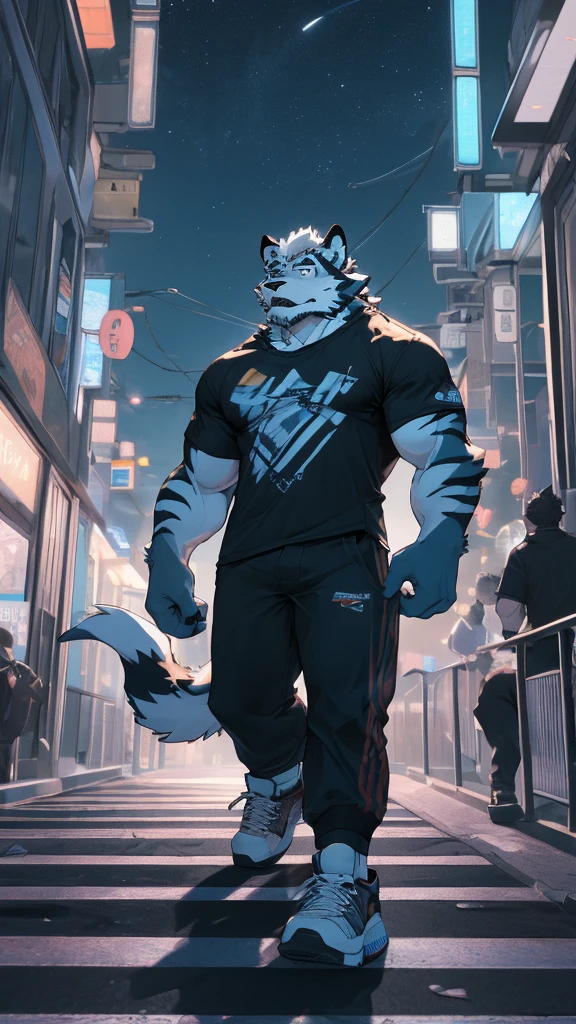lobo, furry, black stripes, regular street style t-shirt, impact style, discovered on the chest, detailed, sports shoes, on a beautiful night, in a futuristic city. 