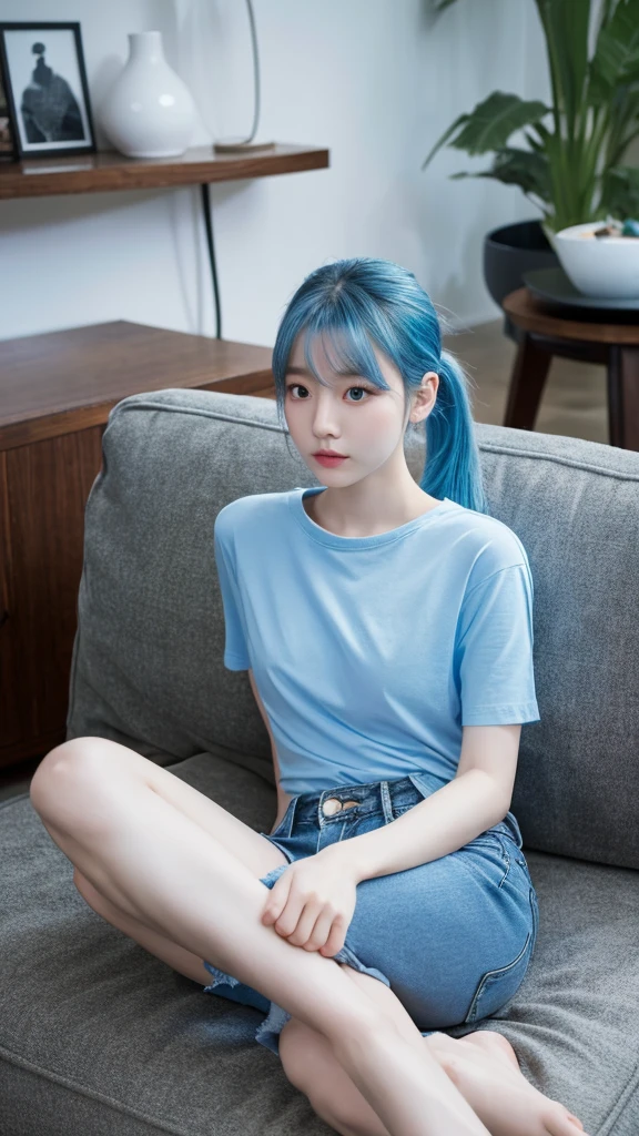 A young Korean woman with ponytail light blue hair, pale skin, thin body. She is wearing a black casual shirt and casual short jeans. She is looking at the viewer, and her easy expression is sensual. Full body. The setting is a living room at morning and she is chilling on the sofa. Masterpiece, high quality.