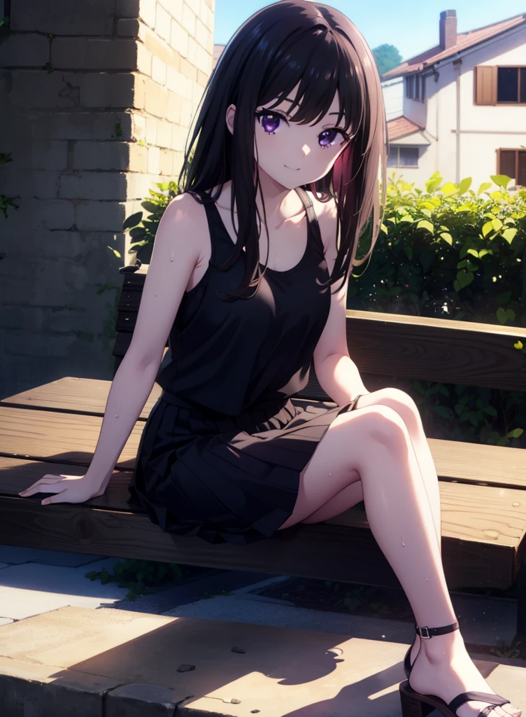 Takiuchikami, Check it out, Long Hair, bangs, Black Hair, (Purple eyes:1.2),happy smile, smile, Close your mouth,Sweat,White Tank Top,Checked skirt, Heeled Sandals,Walking,Daytime,Clear skies,whole bodyがイラストに入るように,Sitting on a bench,
break outdoors, countryside,
break looking at viewer, whole body,
break (masterpiece:1.2), Highest quality, High resolution, unity 8k wallpaper, (figure:0.8), (Beautiful attention to detail:1.6), Highly detailed face, Perfect lighting, Highly detailed CG, (Perfect hands, Perfect Anatomy),