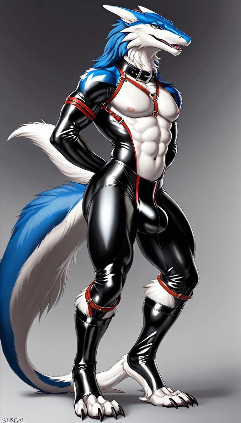 white sergal with buff athletic build wearing partial latex outfit, giant bulge,, with collars and straps, dynamic pose, by darkgem
