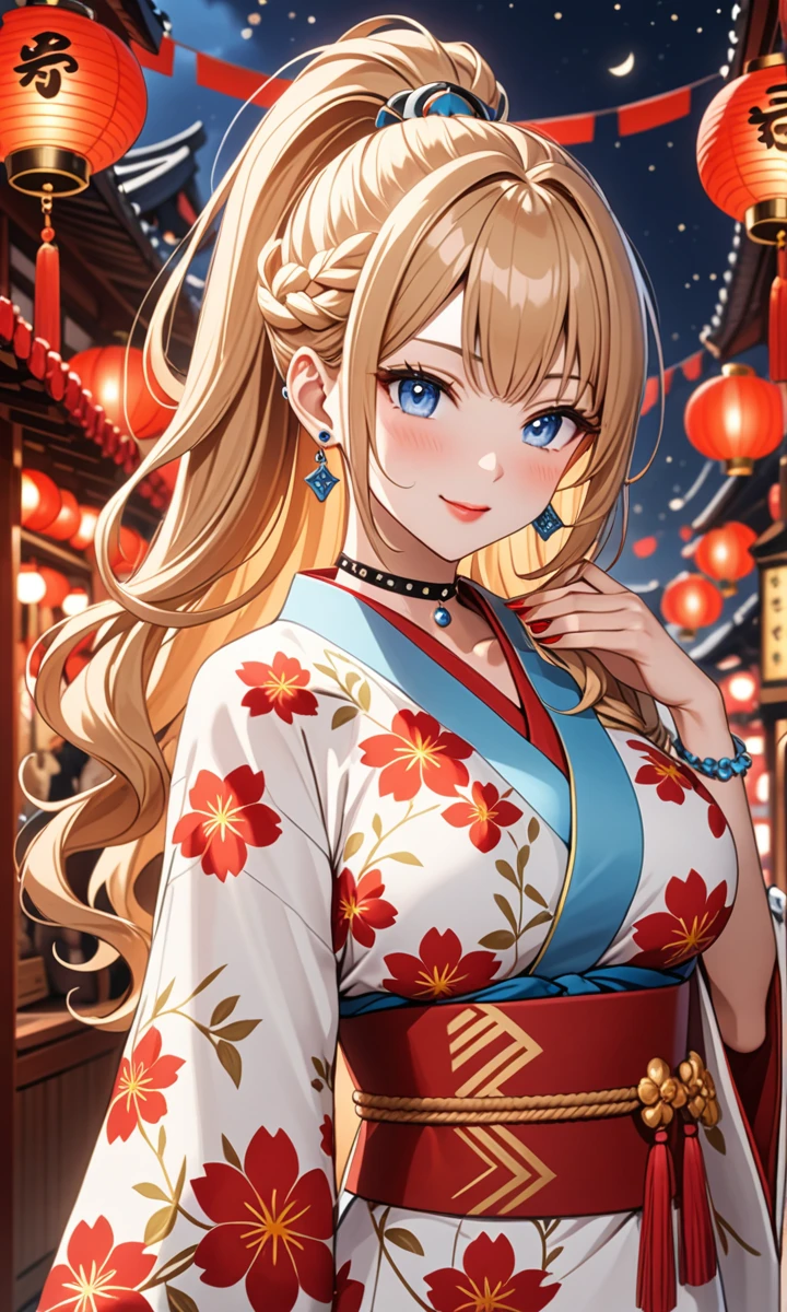((one girl)), hyper detailed, absurdres, 8K,Cute face, Beautiful Face, (Laugh shyly), ((laugh:1.4)), ((Wink:1.8)), (Laugh with your mouth wide open),(Tilt your head:1.3), View your viewers, ((Bright red cheeks:1.6)),Glossy Red Lips, ((Big Breasts:1.4)) night, Shrine festival stalls, (Brighten your face), ((Anime style background)),masterpiece, Highest quality, so beautiful,Latest, Complex details, (Pink long nails), (nail art), (ring),(bracelet), (helix piercing:1.7), (Floral Choker),AI-generated, Complex,High resolution, Highest quality, super high quality,3D Images、3D Images,One person,Blonde long hair,(High Ponytail), (Wavy Hair), Anime woman posing for a photo, ((Fine grain、blue eyes、Shining Eyes:1.4)), (Squint your eyes:1.1),a hyperRealistic , hyperRealistic , Realistic,Long blonde anime woman, Smooth anime CG art, Pink large floral patternの刺繍が入った、A girl in a gorgeous kimono, ((White long-sleeved kimono)),(Pink large floral pattern) ,Long flower hair ornament,Floral Earrings,Mature Body, expensive,Abdominal muscles,Tight waist,((face focus:1.4)), (front view),