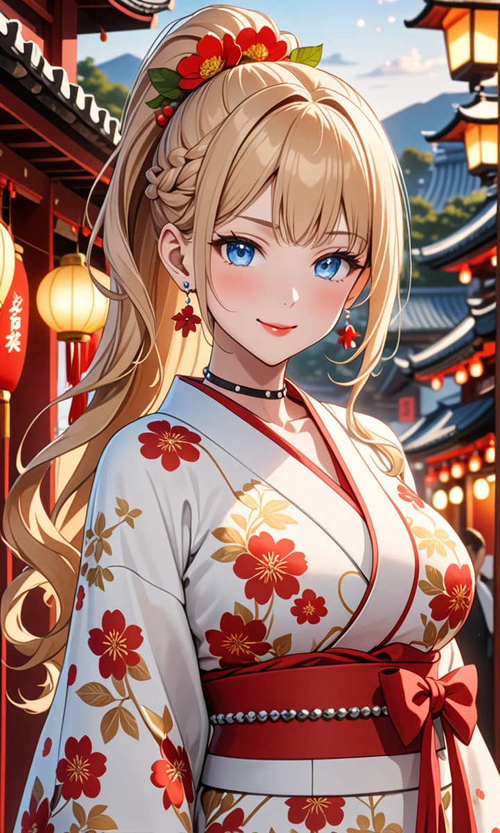 ((one girl)), hyper detailed, absurdres, 8K,Cute face, Beautiful Face, (Laugh shyly), ((laugh:1.4)), ((Wink:1.8)), (Laugh with your mouth wide open),(Tilt your head:1.3), View your viewers, ((Bright red cheeks:1.6)),Glossy Red Lips, ((Big Breasts:1.4)) night, Shrine festival stalls, (Brighten your face), ((Anime style background)),masterpiece, Highest quality, so beautiful,Latest, Complex details, (Pink long nails), (nail art), (ring),(bracelet), (helix piercing:1.7), (Floral Choker),AI-generated, Complex,High resolution, Highest quality, super high quality,3D Images、3D Images,One person,Blonde long hair,(High Ponytail), (Wavy Hair), Anime woman posing for a photo, ((Fine grain、blue eyes、Shining Eyes:1.4)), (Squint your eyes:1.1),a hyperRealistic , hyperRealistic , Realistic,Long blonde anime woman, Smooth anime CG art, Pink large floral patternの刺繍が入った、A girl in a gorgeous kimono, ((White long-sleeved kimono)),(Pink large floral pattern) ,Long flower hair ornament,Floral Earrings,Mature Body, expensive,Abdominal muscles,Tight waist,((face focus:1.4)), (front view),