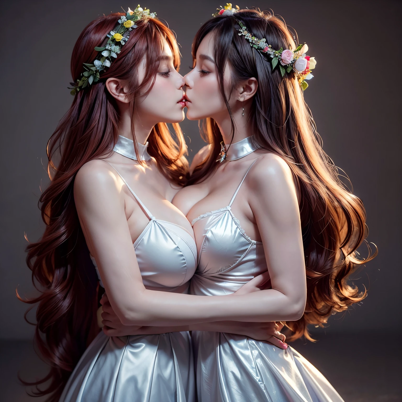 ((David Hamilton))、Oppai-Loli Twins、(from side、from below)、(Standing Full Body、Wide Shot)、8K best quality、((Masterpiece:1.2、Hyper-Realism:1.37))、{(Childish|Gigantic Cleavage:1.37)}、 Extremely Detailed、Smooth shading、bokeH、Soft Lighting with many Follow lights、sideboob:1.2、Biomechanical HUGE and HEAVY tudio Gray background、{Flowers|Flower wreath|Princess Tiara|Red Leather High Collar|ssmile|perplexed|seductiv}、Two girls kissing face to face、Squashed breast、(Pressing Strong against the Nipples to Nipples Pressing hard)、different hair colors、