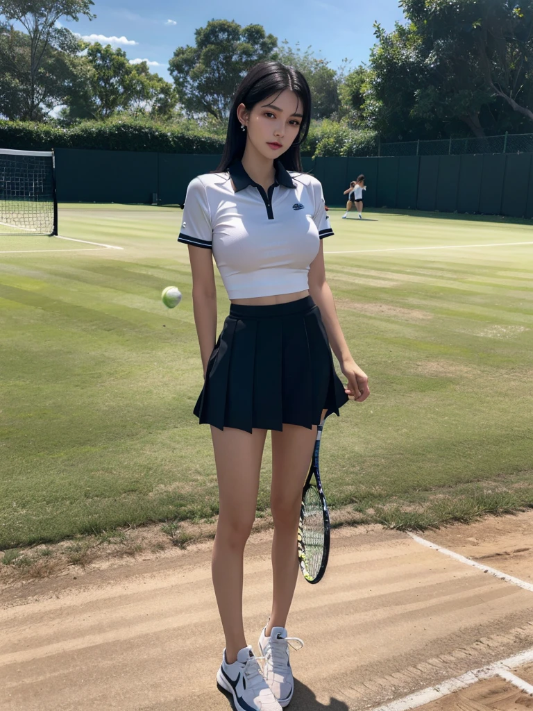 absurdres, RAW photo, extremely delicate and beautiful, masterpiece, Best Quality, ultra high resolution, 32k, hyperrealistic, ultra-detailed, in her 20s, delicate facial features, tearful mole, earring, huge breasts, full body shot, shorter middle hair, black hair, ((tennis uniform)), shirt, shorts,