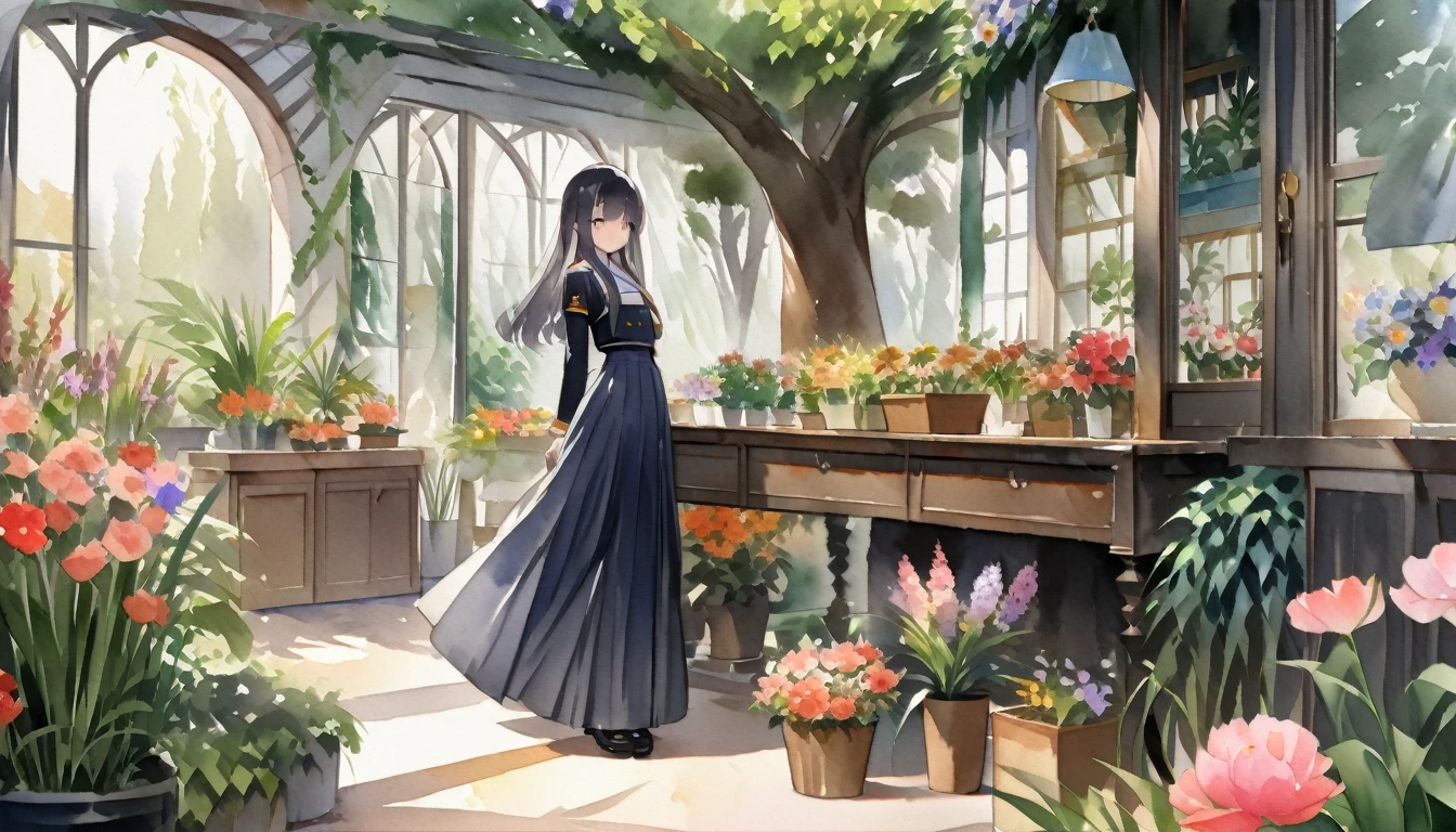 ((Watercolor by singer Sargent))、(top-quality、masterpiece)、1girl in、sixteen years old、A stunning、Short black hair、tiny chest、Uniforms、long skirt、Botanical Garden、Flower Shop、The table、florals、window、houseplant、 The tree,