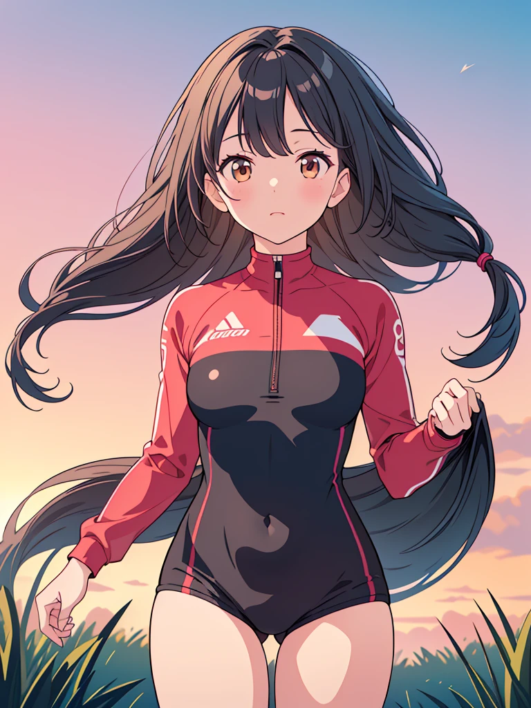 ( highres, ultra detailed, realistic, )(Anatomically correct), 1 girl,long black hair, wind blow,pink cycling wear, standing on the grass, brown eyes looking at viewer, sunset sky background, ultra - detailed, best quality, Detailed diagram, vectorized, 8K, Graphic design, vector lines, Full-HD,Looking up, cowboy shot
